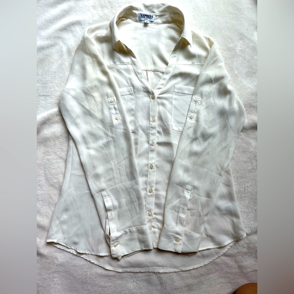 Express Portofino Women Slim Fit Button-Down Cream Shirt, Medium